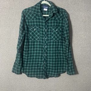 Wrangler Men Shirt Medium Green Plaid Button Up Flannel Long Sleeve Outdoor Work